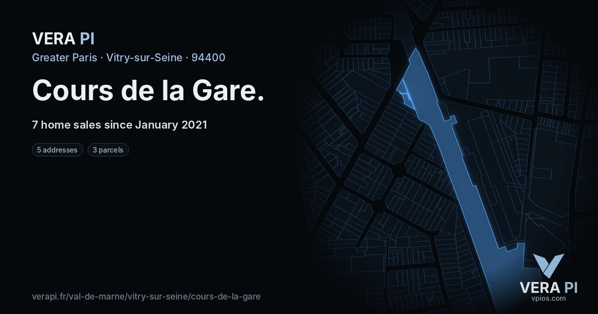 Cours de la Gare, Vitry-sur-Seine at night – every parcel coloured by the prices around it, the street's own parcels lit