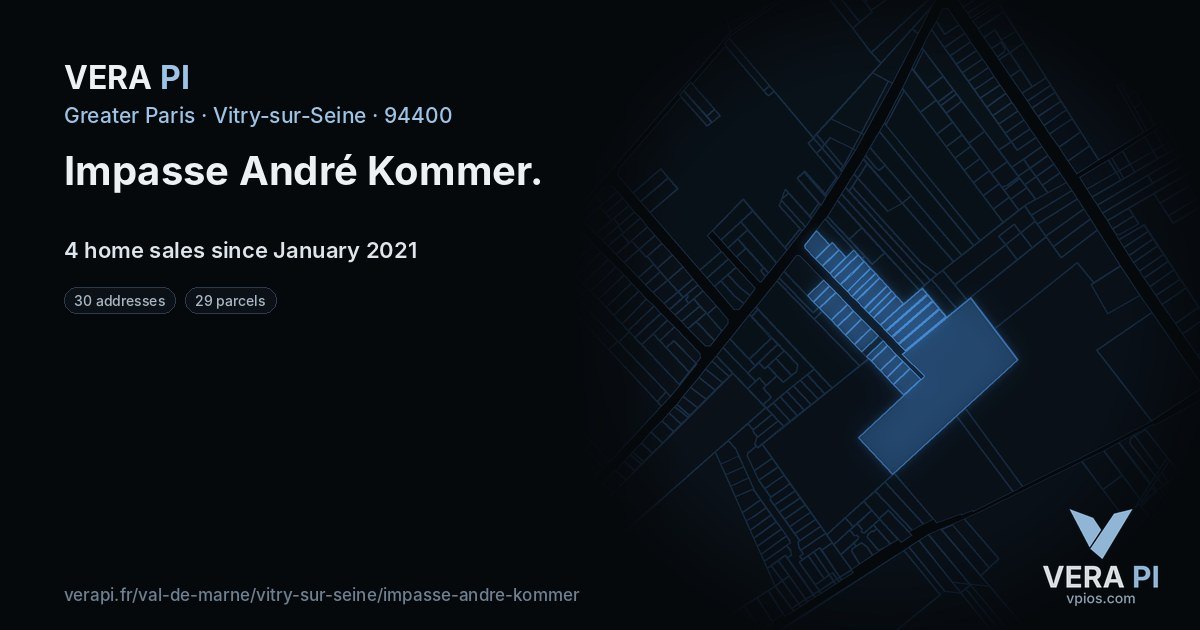 Impasse André Kommer, Vitry-sur-Seine at night – every parcel coloured by the prices around it, the street's own parcels lit