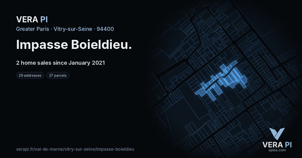 Impasse Boieldieu, Vitry-sur-Seine at night – every parcel coloured by the prices around it, the street's own parcels lit