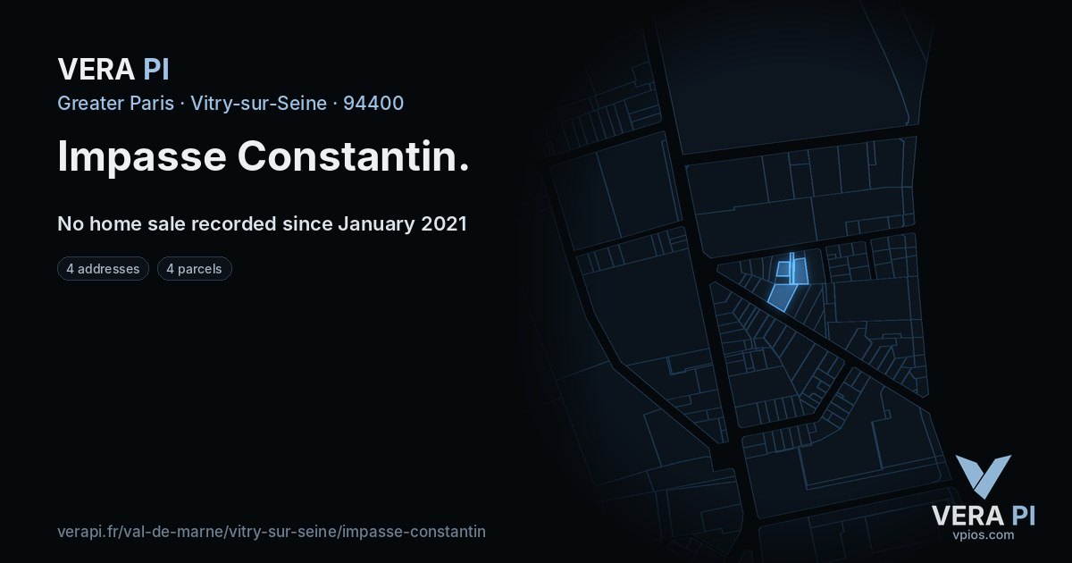 Impasse Constantin, Vitry-sur-Seine at night – every parcel coloured by the prices around it, the street's own parcels lit