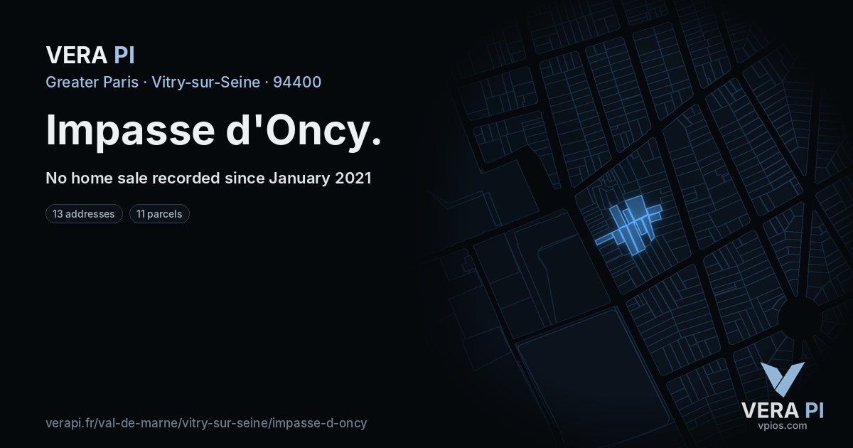 Impasse d'Oncy, Vitry-sur-Seine at night – every parcel coloured by the prices around it, the street's own parcels lit
