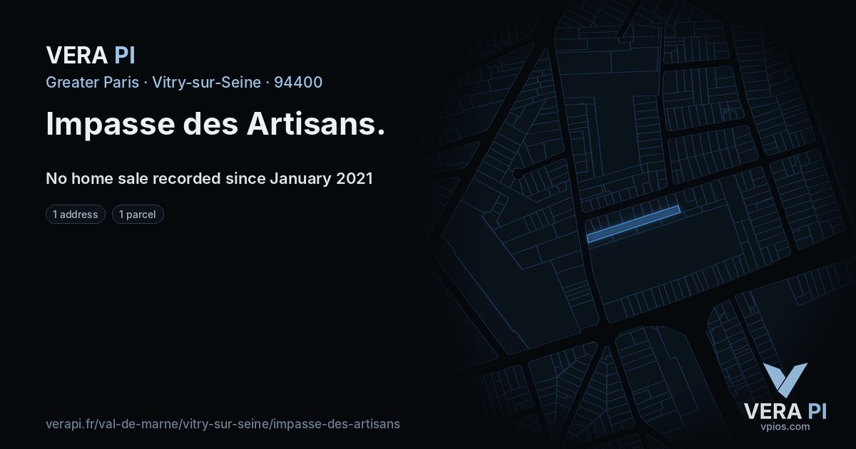 Impasse des Artisans, Vitry-sur-Seine at night – every parcel coloured by the prices around it, the street's own parcels lit