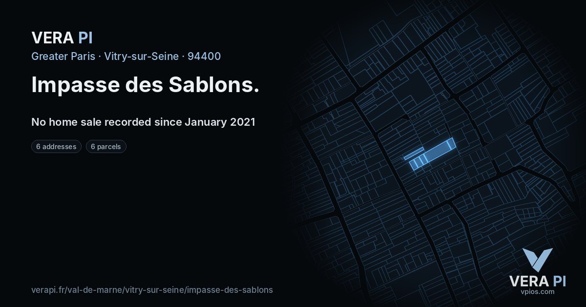 Impasse des Sablons, Vitry-sur-Seine at night – every parcel coloured by the prices around it, the street's own parcels lit