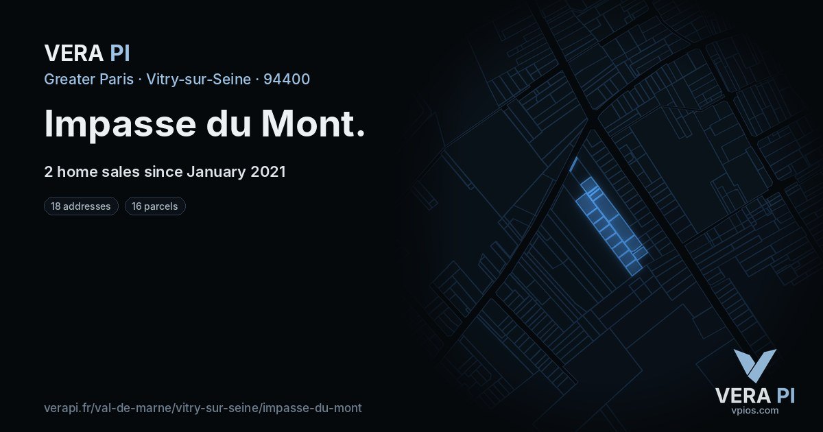 Impasse du Mont, Vitry-sur-Seine at night – every parcel coloured by the prices around it, the street's own parcels lit