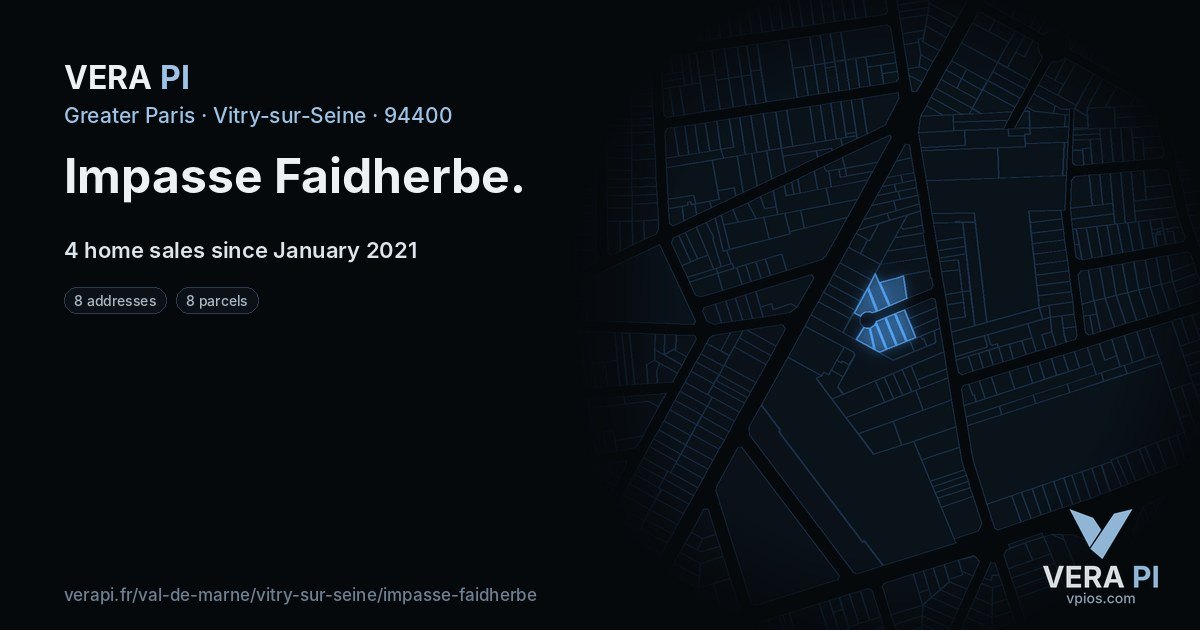 Impasse Faidherbe, Vitry-sur-Seine at night – every parcel coloured by the prices around it, the street's own parcels lit