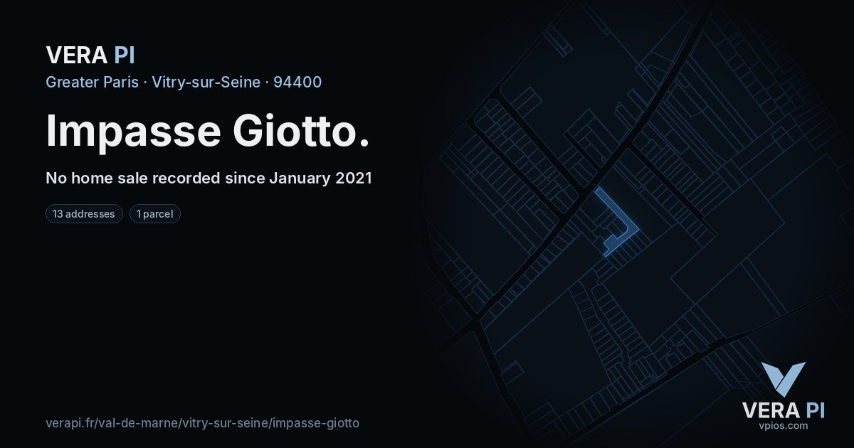 Impasse Giotto, Vitry-sur-Seine at night – every parcel coloured by the prices around it, the street's own parcels lit