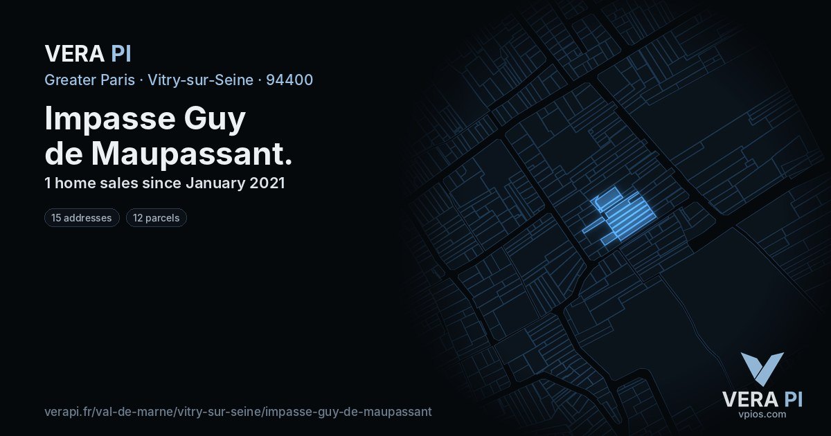 Impasse Guy de Maupassant, Vitry-sur-Seine at night – every parcel coloured by the prices around it, the street's own parcels lit