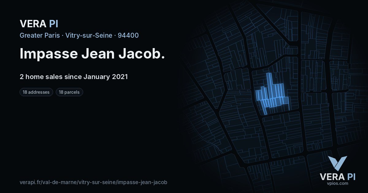 Impasse Jean Jacob, Vitry-sur-Seine at night – every parcel coloured by the prices around it, the street's own parcels lit