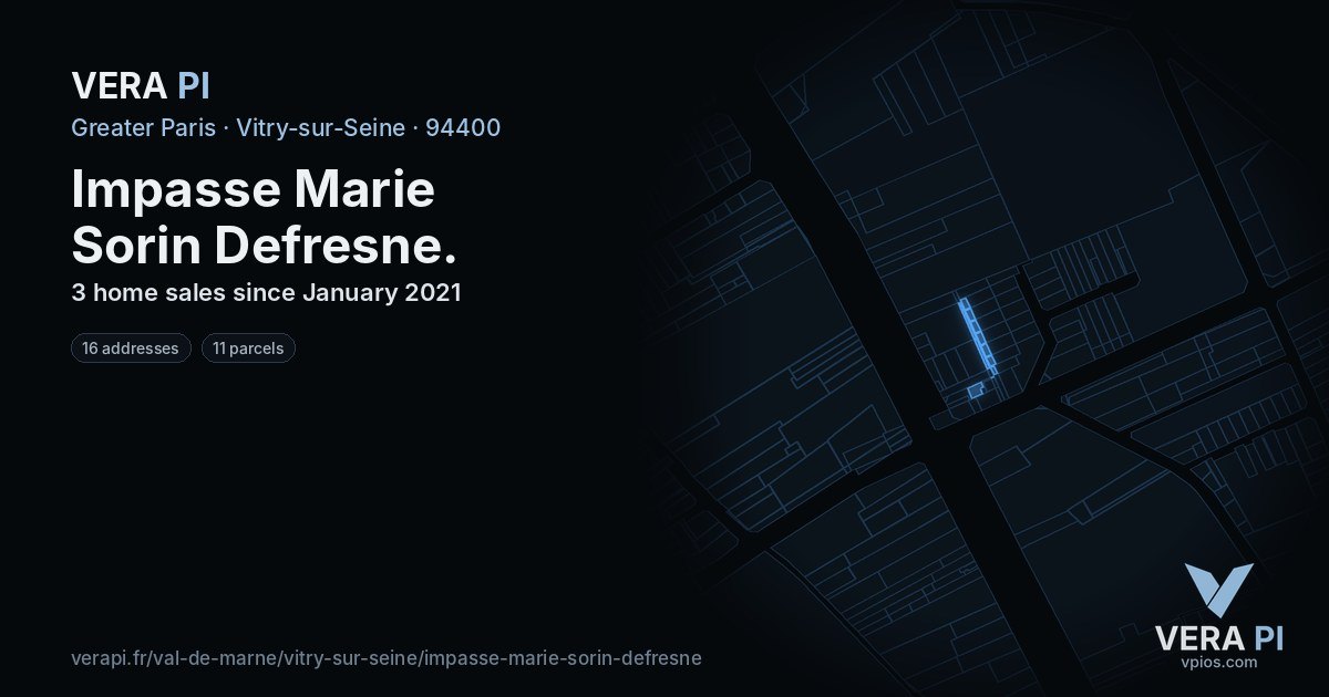 Impasse Marie Sorin Defresne, Vitry-sur-Seine at night – every parcel coloured by the prices around it, the street's own parcels lit