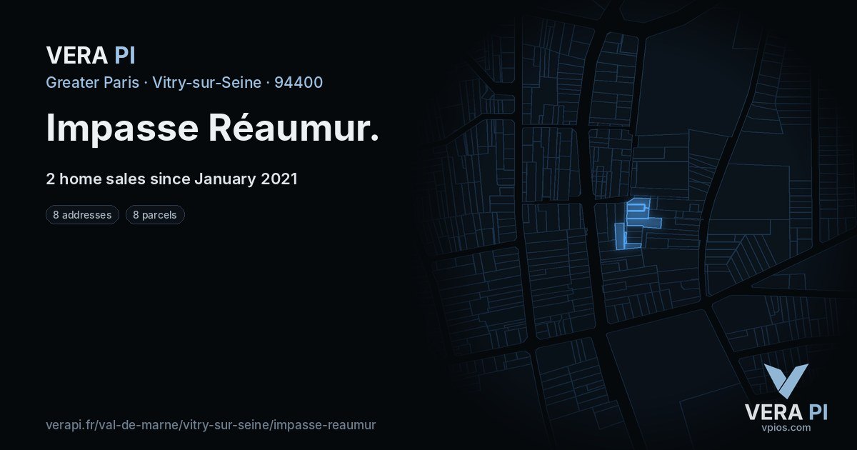 Impasse Réaumur, Vitry-sur-Seine at night – every parcel coloured by the prices around it, the street's own parcels lit