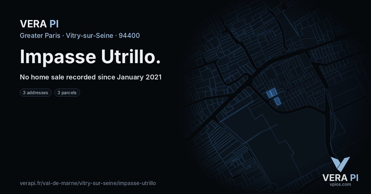 Impasse Utrillo, Vitry-sur-Seine at night – every parcel coloured by the prices around it, the street's own parcels lit