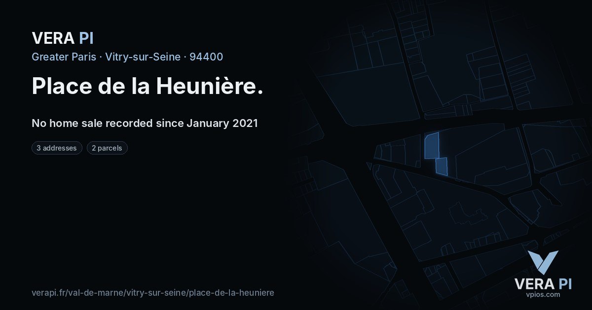 Place de la Heunière, Vitry-sur-Seine at night – every parcel coloured by the prices around it, the street's own parcels lit