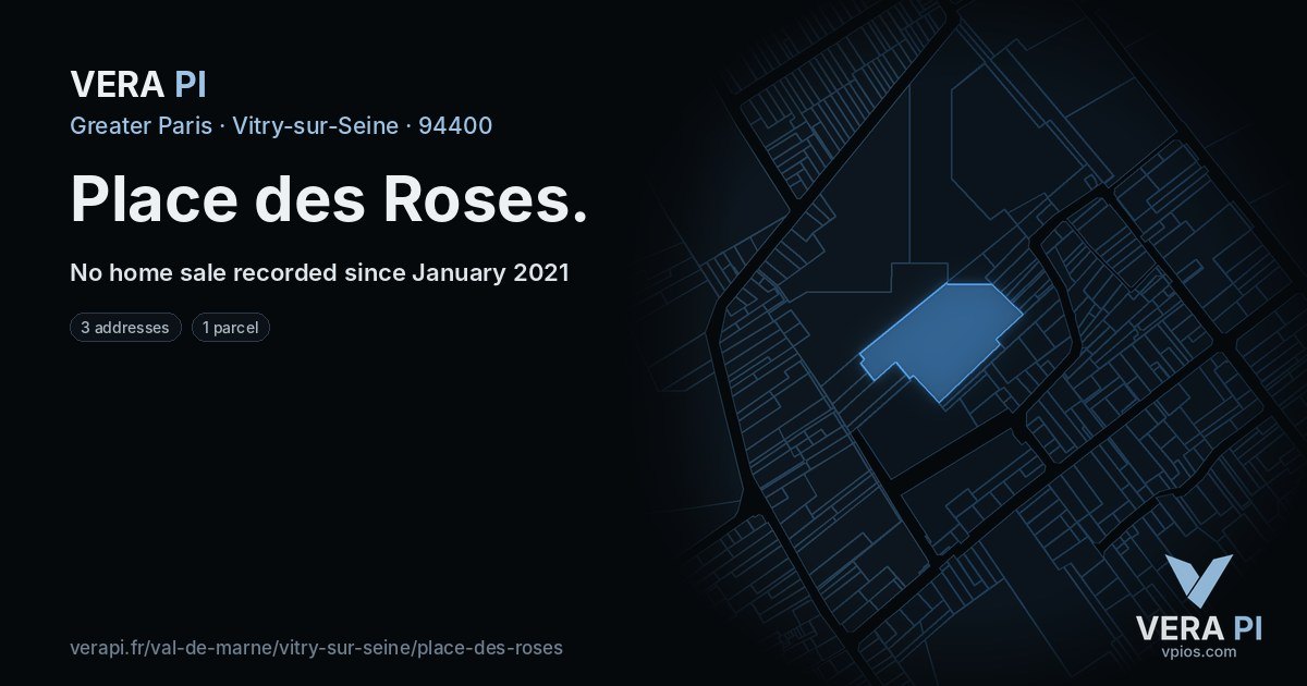 Place des Roses, Vitry-sur-Seine at night – every parcel coloured by the prices around it, the street's own parcels lit