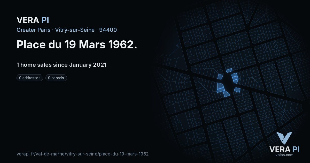 Place du 19 Mars 1962, Vitry-sur-Seine at night – every parcel coloured by the prices around it, the street's own parcels lit
