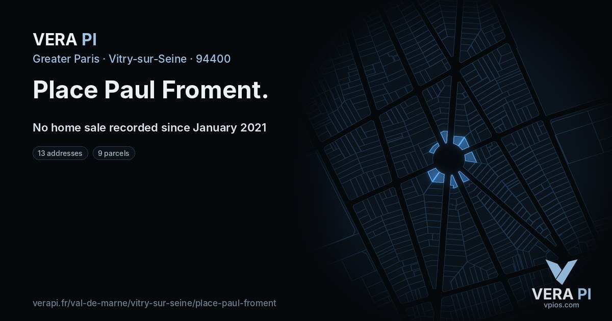 Place Paul Froment, Vitry-sur-Seine at night – every parcel coloured by the prices around it, the street's own parcels lit