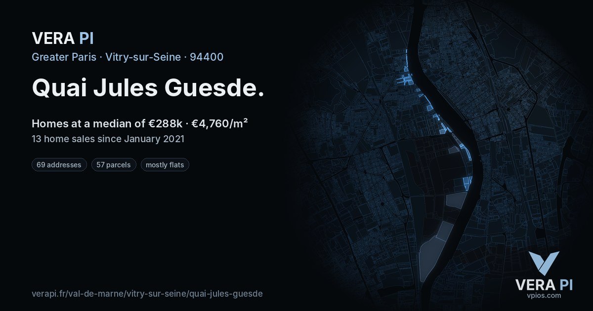 Quai Jules Guesde, Vitry-sur-Seine at night – every parcel coloured by the prices around it, the street's own parcels lit