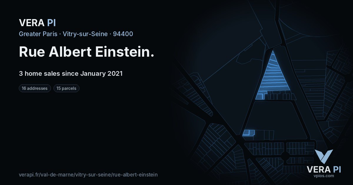 Rue Albert Einstein, Vitry-sur-Seine at night – every parcel coloured by the prices around it, the street's own parcels lit