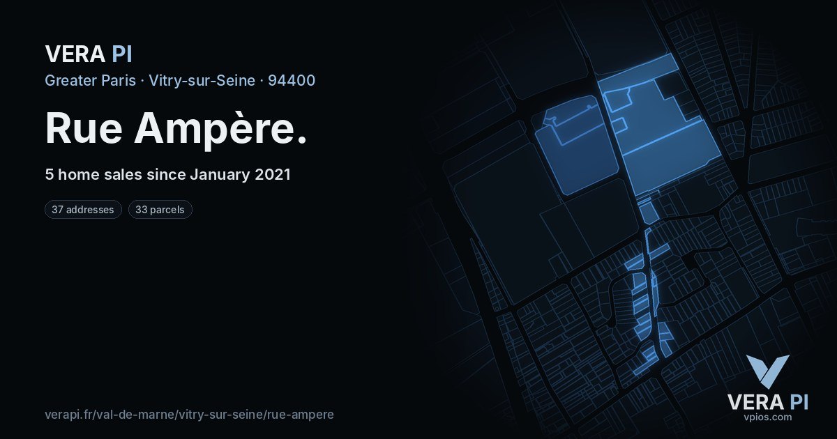 Rue Ampère, Vitry-sur-Seine at night – every parcel coloured by the prices around it, the street's own parcels lit