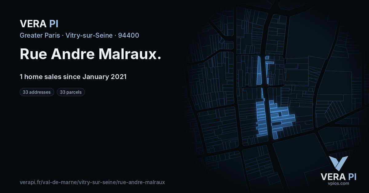 Rue Andre Malraux, Vitry-sur-Seine at night – every parcel coloured by the prices around it, the street's own parcels lit