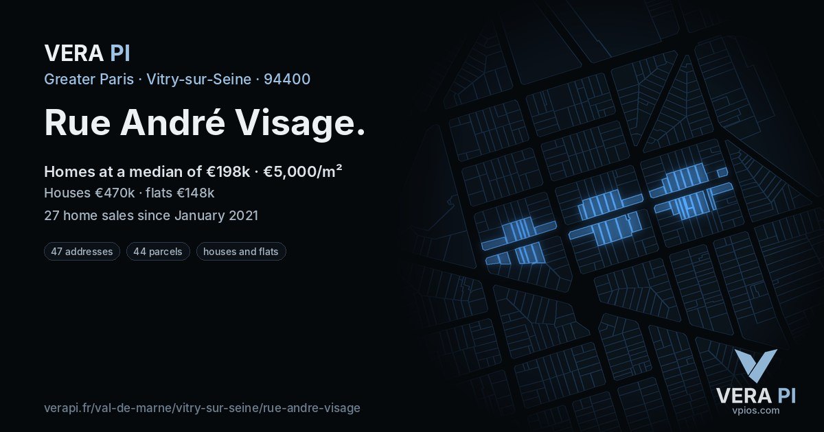 Rue André Visage, Vitry-sur-Seine at night – every parcel coloured by the prices around it, the street's own parcels lit