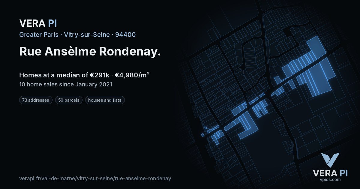 Rue Ansèlme Rondenay, Vitry-sur-Seine at night – every parcel coloured by the prices around it, the street's own parcels lit