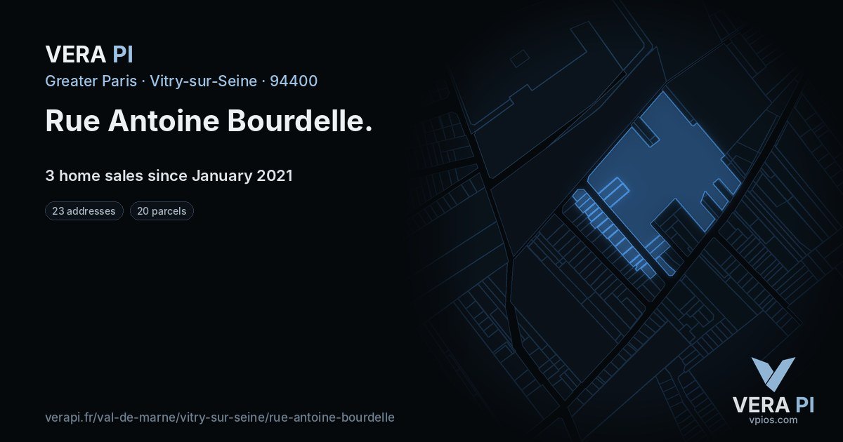 Rue Antoine Bourdelle, Vitry-sur-Seine at night – every parcel coloured by the prices around it, the street's own parcels lit