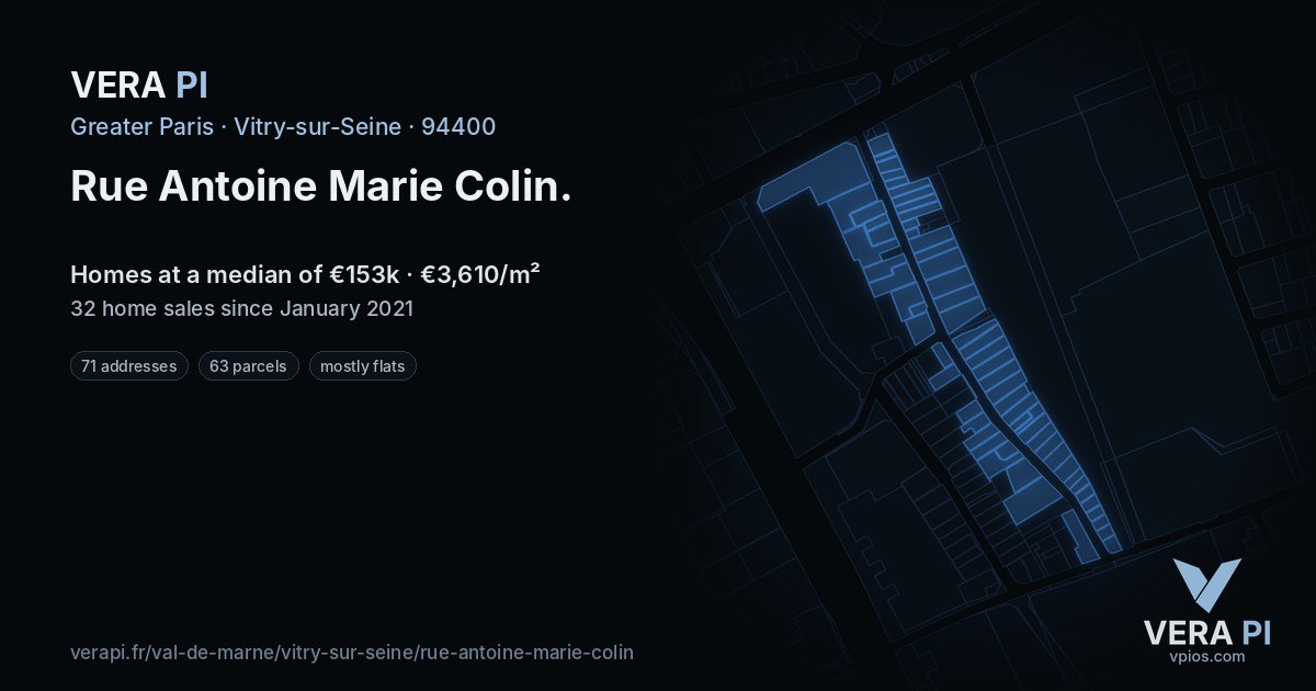 Rue Antoine Marie Colin, Vitry-sur-Seine at night – every parcel coloured by the prices around it, the street's own parcels lit