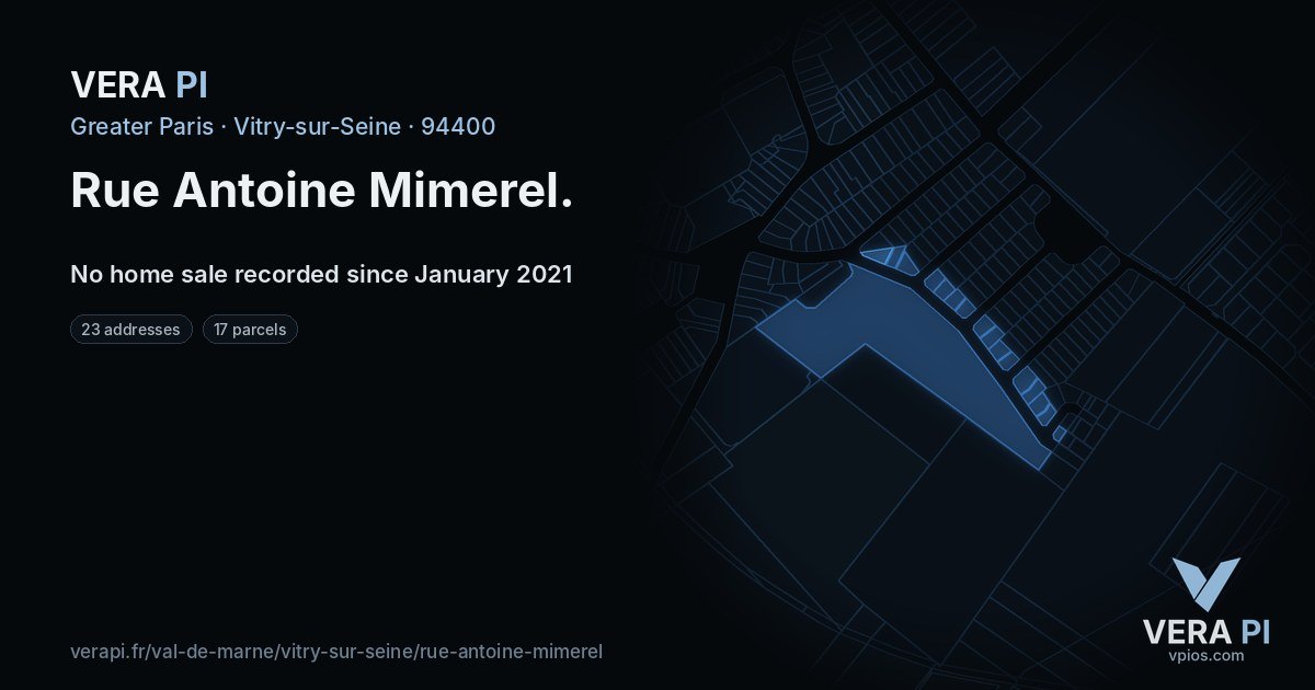 Rue Antoine Mimerel, Vitry-sur-Seine at night – every parcel coloured by the prices around it, the street's own parcels lit