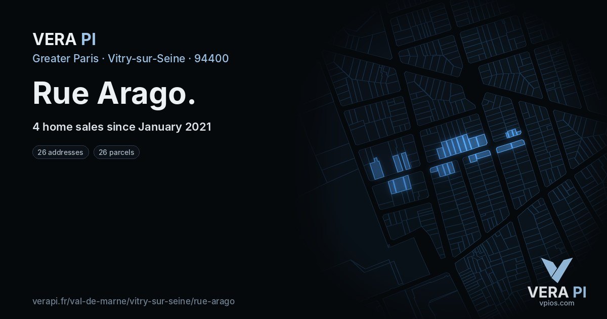 Rue Arago, Vitry-sur-Seine at night – every parcel coloured by the prices around it, the street's own parcels lit