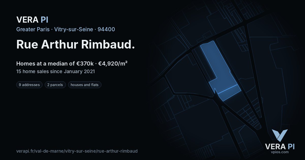 Rue Arthur Rimbaud, Vitry-sur-Seine at night – every parcel coloured by the prices around it, the street's own parcels lit