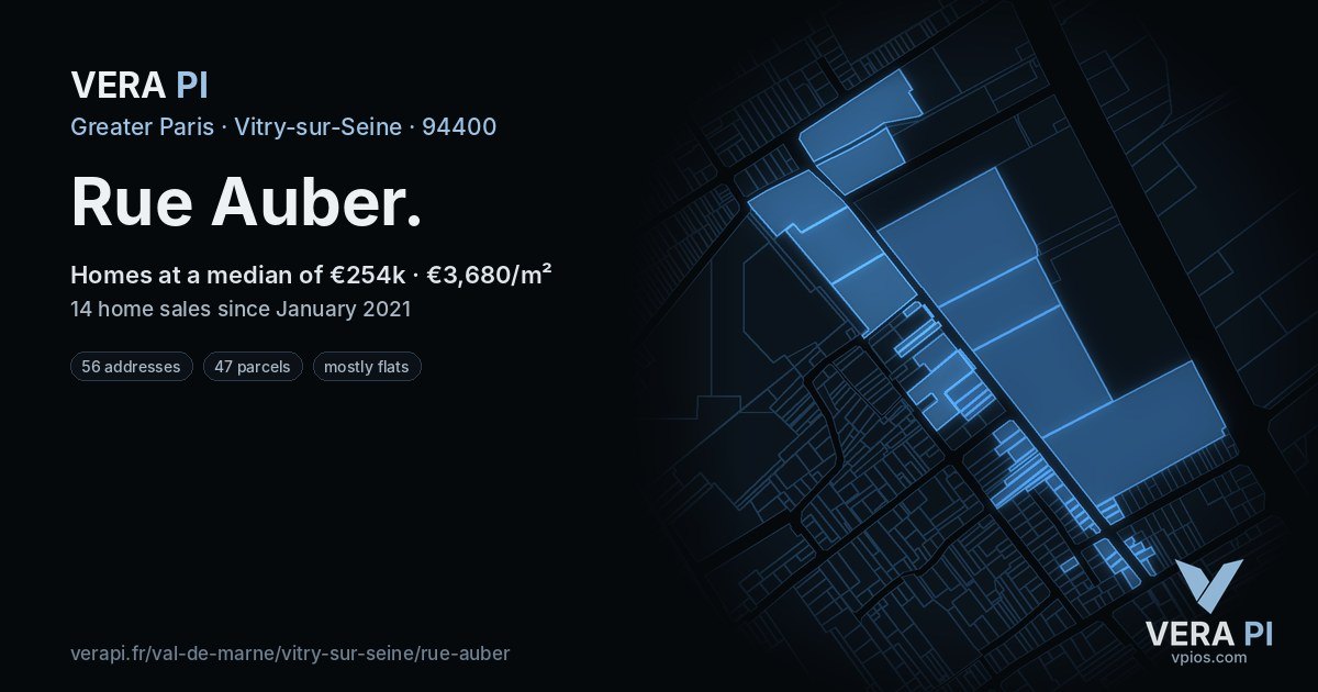 Rue Auber, Vitry-sur-Seine at night – every parcel coloured by the prices around it, the street's own parcels lit