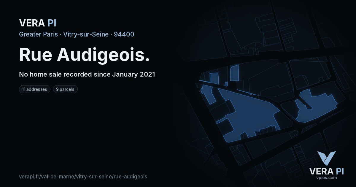 Rue Audigeois, Vitry-sur-Seine at night – every parcel coloured by the prices around it, the street's own parcels lit