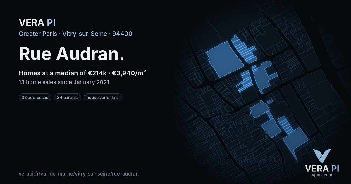 Rue Audran, Vitry-sur-Seine at night – every parcel coloured by the prices around it, the street's own parcels lit