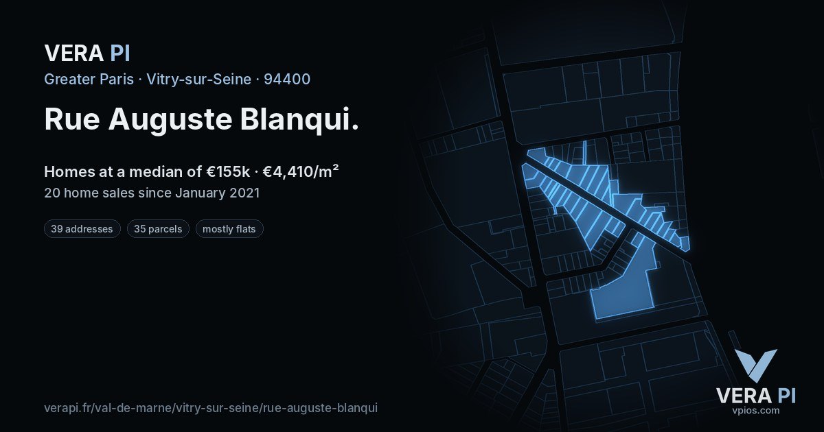 Rue Auguste Blanqui, Vitry-sur-Seine at night – every parcel coloured by the prices around it, the street's own parcels lit
