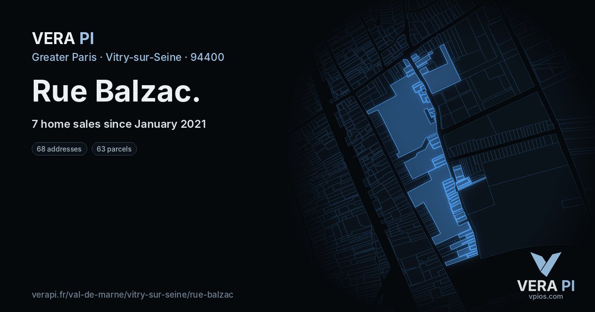 Rue Balzac, Vitry-sur-Seine at night – every parcel coloured by the prices around it, the street's own parcels lit