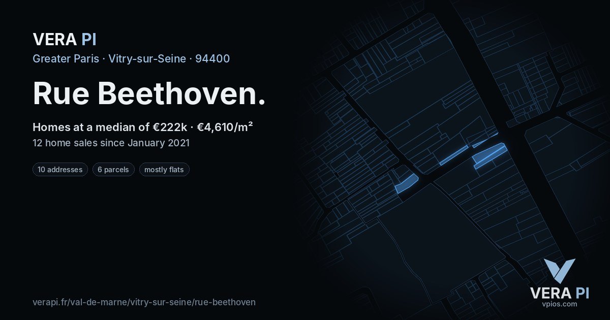 Rue Beethoven, Vitry-sur-Seine at night – every parcel coloured by the prices around it, the street's own parcels lit