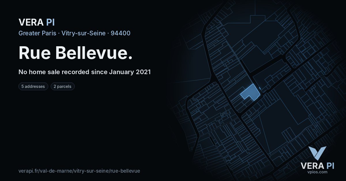 Rue Bellevue, Vitry-sur-Seine at night – every parcel coloured by the prices around it, the street's own parcels lit