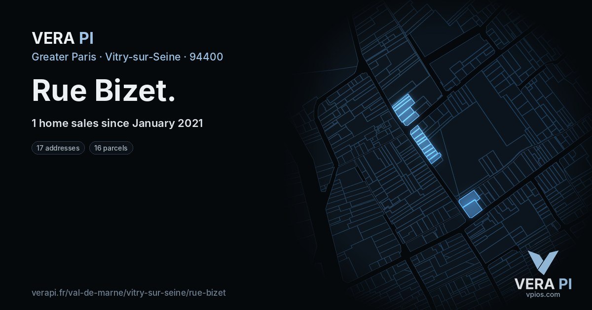 Rue Bizet, Vitry-sur-Seine at night – every parcel coloured by the prices around it, the street's own parcels lit
