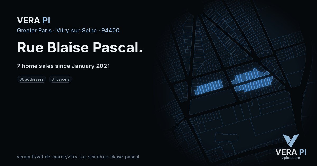 Rue Blaise Pascal, Vitry-sur-Seine at night – every parcel coloured by the prices around it, the street's own parcels lit