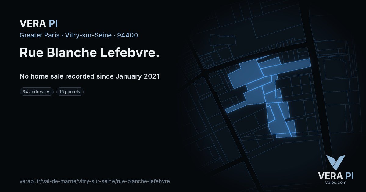 Rue Blanche Lefebvre, Vitry-sur-Seine at night – every parcel coloured by the prices around it, the street's own parcels lit