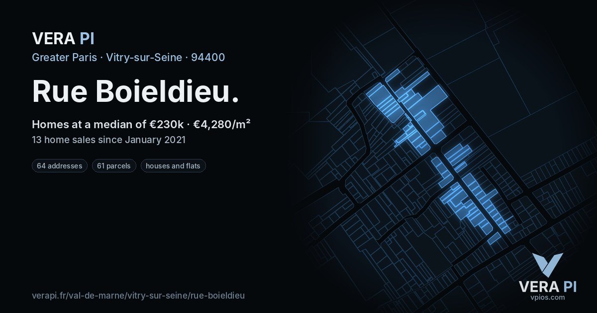 Rue Boieldieu, Vitry-sur-Seine at night – every parcel coloured by the prices around it, the street's own parcels lit