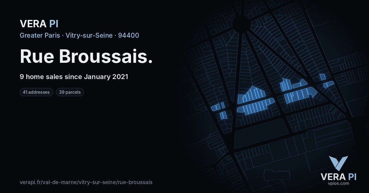 Rue Broussais, Vitry-sur-Seine at night – every parcel coloured by the prices around it, the street's own parcels lit