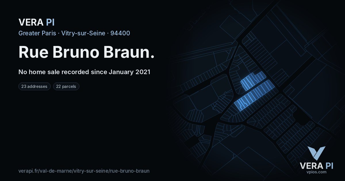 Rue Bruno Braun, Vitry-sur-Seine at night – every parcel coloured by the prices around it, the street's own parcels lit