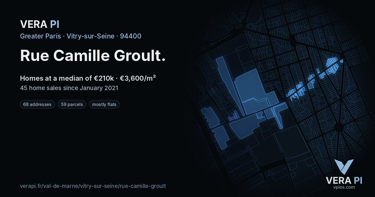 Rue Camille Groult, Vitry-sur-Seine at night – every parcel coloured by the prices around it, the street's own parcels lit