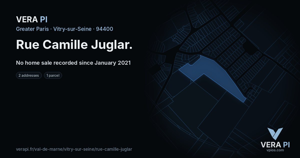 Rue Camille Juglar, Vitry-sur-Seine at night – every parcel coloured by the prices around it, the street's own parcels lit