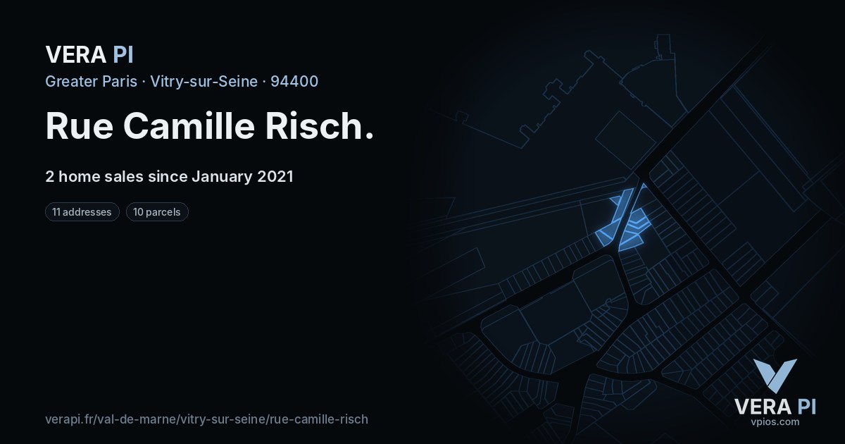 Rue Camille Risch, Vitry-sur-Seine at night – every parcel coloured by the prices around it, the street's own parcels lit