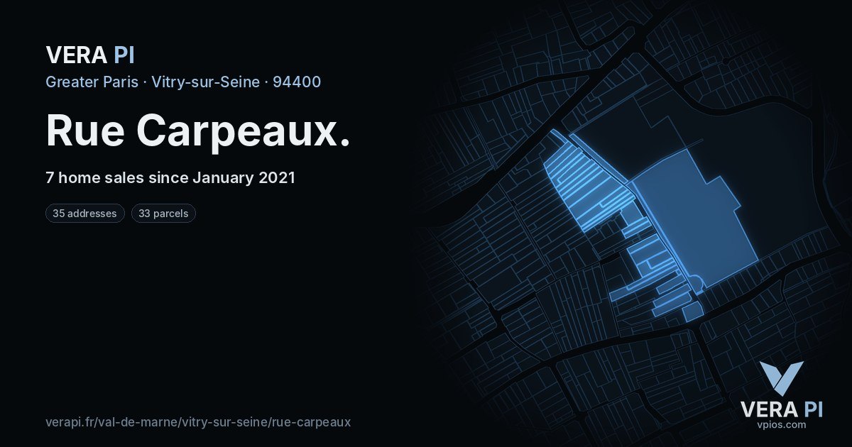 Rue Carpeaux, Vitry-sur-Seine at night – every parcel coloured by the prices around it, the street's own parcels lit