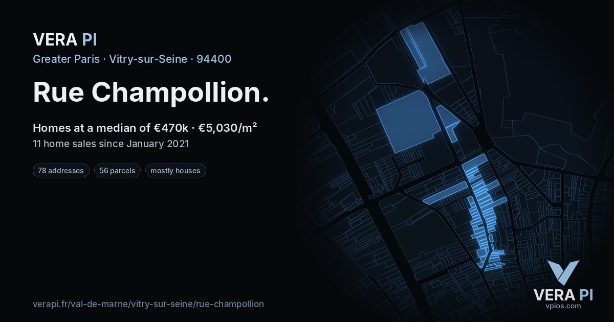 Rue Champollion, Vitry-sur-Seine at night – every parcel coloured by the prices around it, the street's own parcels lit