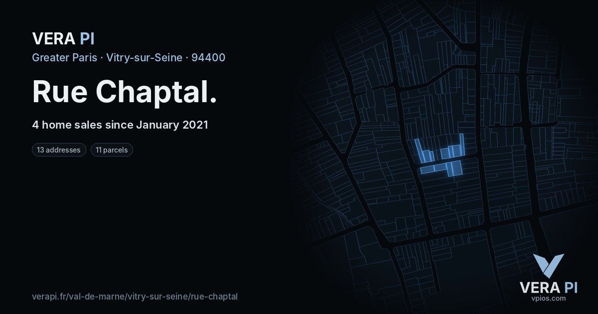 Rue Chaptal, Vitry-sur-Seine at night – every parcel coloured by the prices around it, the street's own parcels lit
