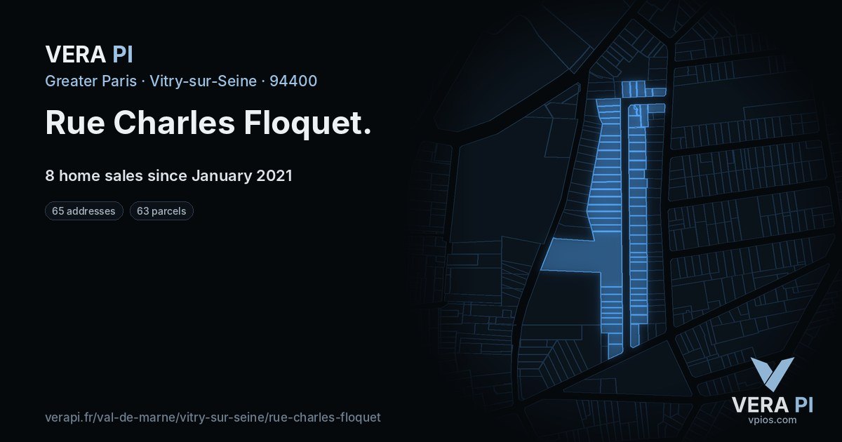 Rue Charles Floquet, Vitry-sur-Seine at night – every parcel coloured by the prices around it, the street's own parcels lit